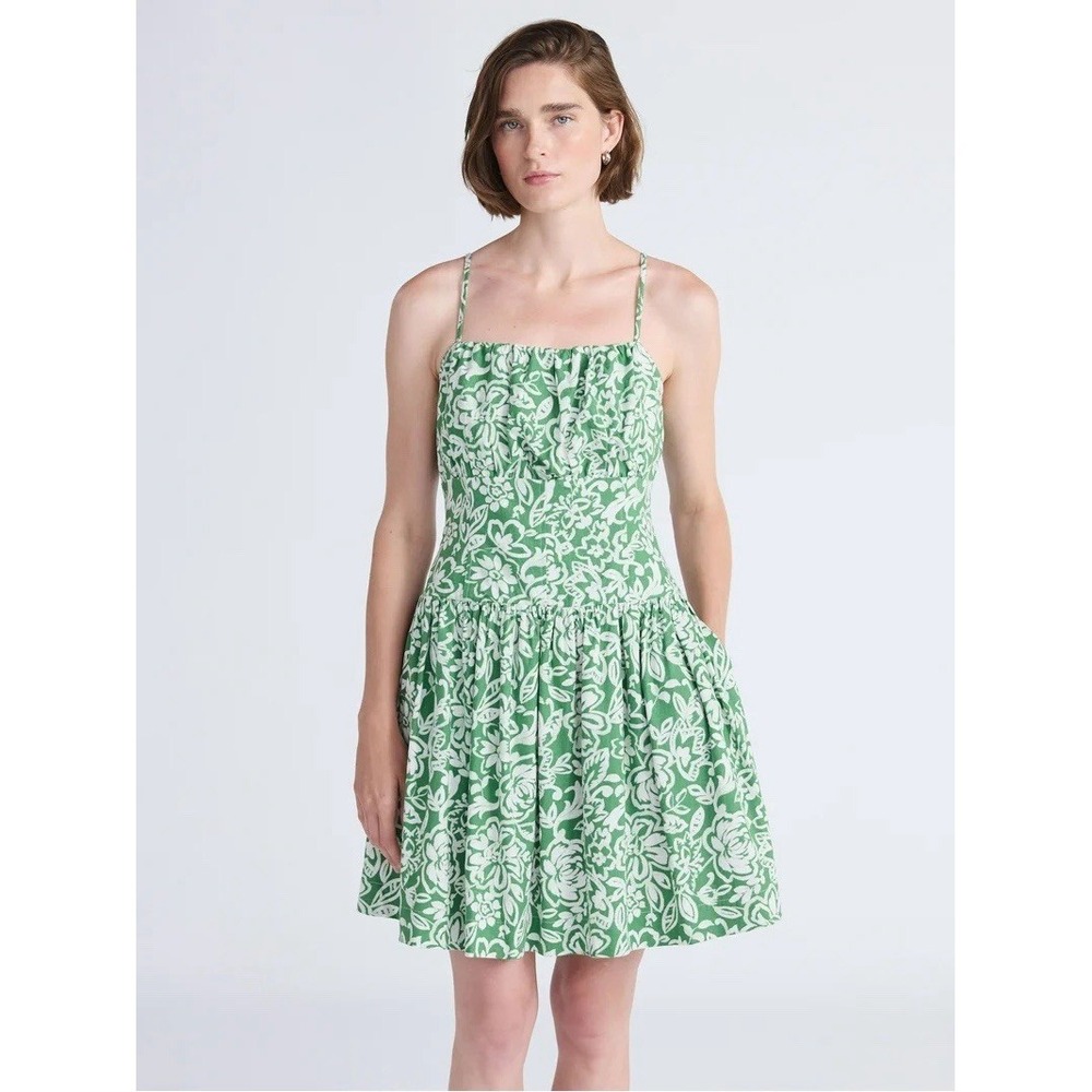 Linen‎ Mini Dress Womens Large Milkmaid Green Floral Cottagecore Summer Beach